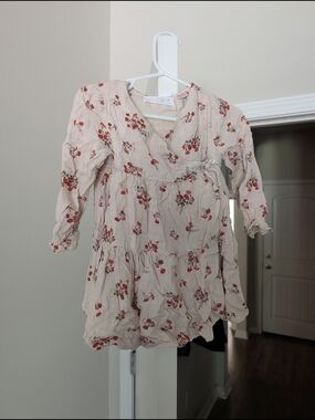 Beige Floral Tiered Baby Dress with Red Blossoms
